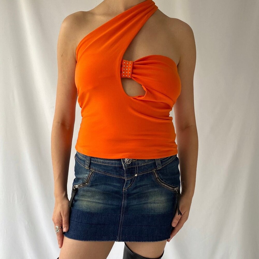 y2k vintage orange asymmetrical going out summer tank bandeau tube crop top